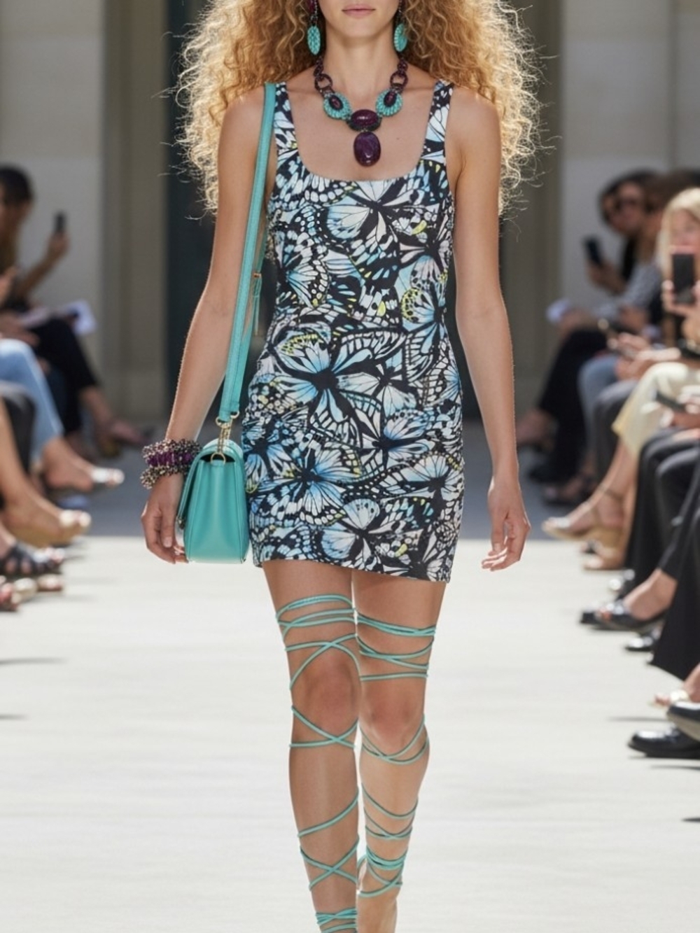 No Boundaries Teal, Black and White Butterfly-Print Mini Dress